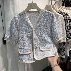 半袖 シック ボタン トップス レトロ sweet系 花柄 きれいめ S ブルー