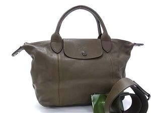 1円 ■美品■ LONGCHAMP ロンシャン ル プリアージュ キュイール レザー 2WAY ショルダー ハンドバッグ 肩掛け カーキ系 FI4385