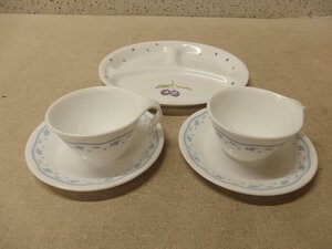 0740422w【CORELLE カップ＆ソーサー2客＋ランチプレート1枚】モーニングブルー/プラム柄/アメリカ製/CORNING/コーニング/コレール/中古品