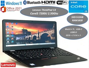 美品 薄型 ノートパソコン 13型 Lenovo ThinkPad 13【Corei5 7世代+大容量SSD512GB+メモリ8GB】★Win11 Pro+Office2021★Webカメラ USB-C