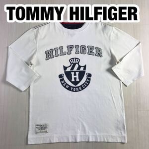 TOMMY HILFIGER トミー ヒルフィガー 七分袖Tシャツ S ホワイト ビッグロゴ ワッペン プリント フラッグロゴ 刺繍