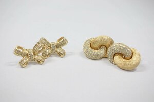 ◎ 中古品 Christian Dior クリスチャン ディオール イヤリング 2点セット ゴールド系 リボン ラウンド ビジュー アクセサリー レディース