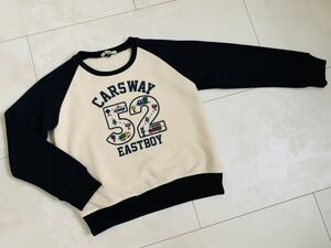 ■EAST BOY/イーストボーイ■車柄がかわいい!!裏起毛の暖かい長袖トレーナー・ロゴ入り■130サイズ・オフホワイト/紺色■