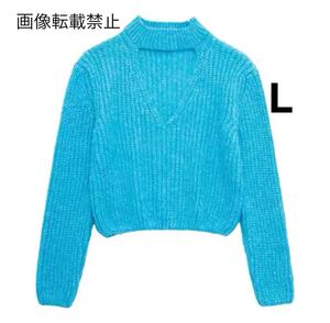 blue ブルー vintage ヴィンテージ レトロ カット ニット セーター トップス Lサイズ レディース★ZARA 好きな方に★2024 秋新作 新品★