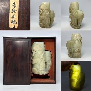 時代物 旧家整理品 白玉彫 松竹梅文花瓶 花入 細密彫刻 古物保証 共箱付き（翡翠 天然石 古印材寿山石 中国美術 文房具 骨董品 唐物 ヒスイ