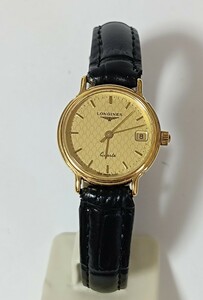 稼働品 ロンジン レディース腕時計 ゴールド文字盤 三針デイト付き 新品電池 LONGINES