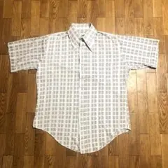 80s dress shirt 総柄 半袖シャツ 白 茶色 ドレスシャツ