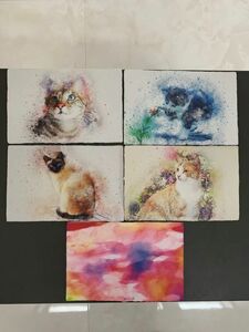 ★手漉き『猫・水彩画』ポストカード－２　グリーティングカード　和紙 葉書 絵手紙 書画 水彩画 水墨画 墨絵 押絵 切り絵 ちぎり絵 　★