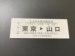 東京→山口 しぶさわ座席指定券 昭和61年6月8日