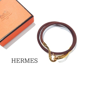 【鑑定済】HERMES エルメス ジャンボチョーカー 二重巻き ブレスレット ブラウン レザー ゴールド金具 アクセサリー 箱付 送料無料