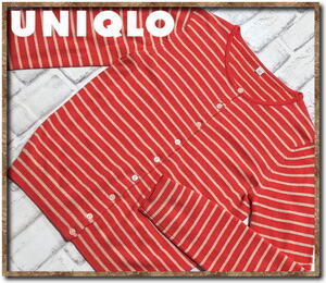 ☆UNIQLO　ユニクロ　カシミヤボーダーカーディガン　朱色×白☆やや難