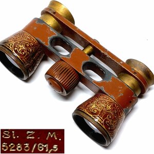 【侍】アンティーク 1900年代 彫金 真鍮フレーム SI.Z.M 5283/61,5 ミニオペラグラス 双眼鏡 本革ケース付 20+831