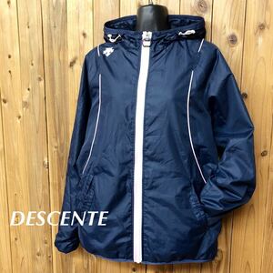 DESCENTE＊デサント レディースO 長袖ジャケット ウインドブレーカー パーカー ネイビー ロゴ刺繍 秋冬 裏起毛 防寒着 スポーツ アウター