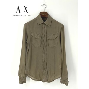 A6824/美品 春夏 ARMANI EXCHANGE アルマーニ コットン シワ加工 長袖 ミリタリー ワーク カジュアル カッター Yシャツ XSカーキ/メンズ