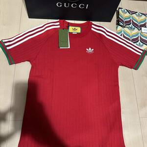 11万★新品本物【グッチ・GUCCI】×アディダスadidasコラボ！ミケーレが手掛ける特別感のあるジャージー半袖TシャツS/M-L程メンズ赤レッド