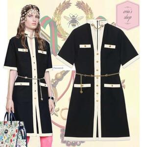 【新品未使用】国内正規品 GUCCI グッチ タイガーチェーン ワンピース 白襟 モノトーン膝丈ワンピース