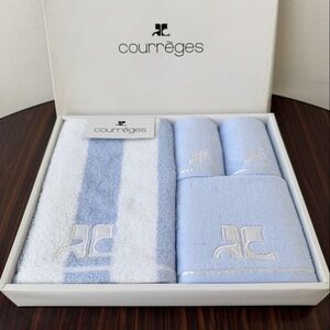 未使用 ◆ クレージュ Courreges ギフト タオル 箱付き 4枚セット フェイスタオル ウォッシュタオル ミニタオル2枚 ブルー 贈答品 日用品