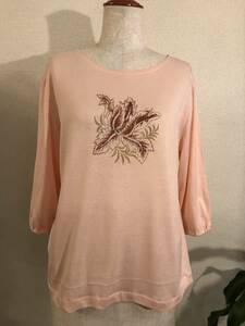 ピンクのコットンTシャツ　七分袖　カトレア柄ステンシル　手作り新品