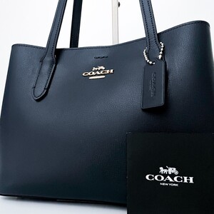 1円■超美品■COACH コーチ 自立 ロゴ チャーム トートバッグ ビジネス 肩掛け可 メンズ レディース レザー ネイビー