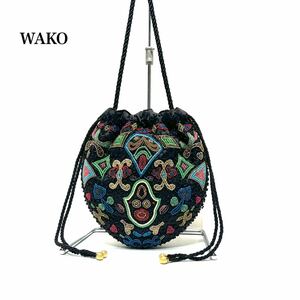 ☆極美品☆ WAKO 銀座和光 ビーズ刺繍 巾着型 マルチカラー ビーズショルダーバッグ