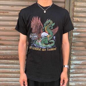 美品 80s USA製 HARLEY-DAVIDSON ハーレー ダビッドソン 3D EMBLEM The BAGLE has Landed Tシャツ 黒 ヴィンテージ バンT ブラック 90s M