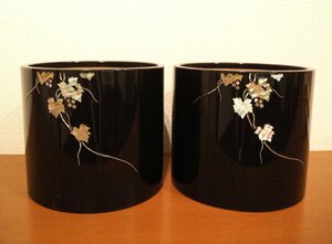 ★①漆工芸火鉢　一対 螺鈿花図　手あぶりくり抜き　銅おとし付　高さ18cm 2個セット　/　茶道具 　火鉢 レトロ　民芸道具　七輪　