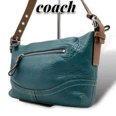 美品 COACH コーチ ショルダーバッグ 本革 シボ革 ターコイズブルー