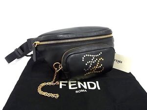 1円 ■美品■ FENDI フェンディ カリグラフィ レザー スタッズ ボディバッグ ウエストバッグ ウエストポーチ ブラック系 EA3011