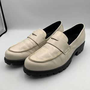 K874 ECCO エコー メンズ コインローファー ビジネスシューズ 40 約 25cm ホワイト レザー 