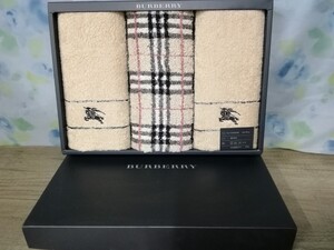 g_t F638 ☆Burberry バーバリー フェイスタオル 3枚入り 34×75cm 綿100% ベージュ 西川産業 洗面所 バス用品 箱入り 【未使用保管品】