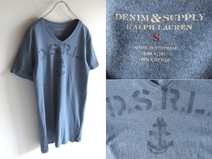 ネコポス対応 DENIM&SUPPLY RALPH LAUREN デニム&サプライ ラルフローレン D.S.R.L. アンカー/ロゴプリント Vネック Tシャツ S 杢ブルー