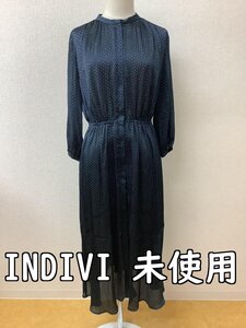 インディヴィ (INDIVI) タグ付き未使用 定価22700円 紺黒に緑のドットワンピース ウエストゴム サイズ38