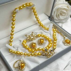 高品質綺麗！本真珠ネックレス8mm 5点セット　天然パールネックレス42cm +17cm ゴールドパールpearl necklace 