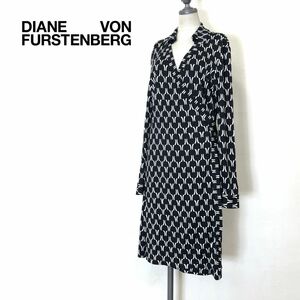 1K1905-O◆良品◆ DIANE VON FURSTENBERG ダイアンフォンファステンバーグ カシュクールワンピース シルク リボン 総柄◆size14 ブラック