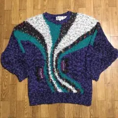 90s carducci ウール混 ニットセーター 総柄 紫 緑 白 M 古着