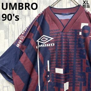 UMBRO アンブロ ゲームシャツ サイズL ネイビー サッカーシャツ ユニフォーム 総柄 半袖 デカロゴ 90s 90年代 送料無料