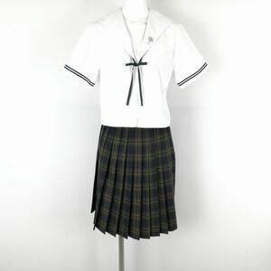 1円 セーラー服 チェックスカート 紐タイ 上下3点セット カンコー 夏物 女子 学生服 岡山大安寺中等教育学校 白 制服 中古 ランクB NA8810