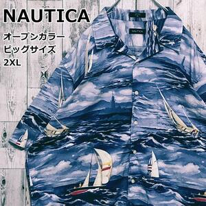 NAUTICA ノーティカ ヨット 灯台 総柄 2XL オープンカラー 開襟 半袖シャツ アロハ 大きいサイズ ビッグサイズ リゾート 90s 春夏