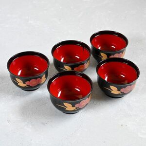 【美品】会津塗 　御汁椀揃　黒山茶花　京形　汁椀　天然木加工品　お椀　内朱塗 ＊5客　＊漆工芸　漆器 ＊伝統工芸　工芸美術 ＊懐石料理