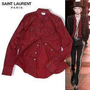 国内正規品 Saint Laurent Paris サンローランパリ 417541 長袖 シルク混 ウエスタン チェックシャツ ネルシャツ S レッド イタリア製