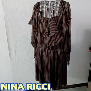 NINA RICCI ◆ 絹 ワンピース 7号 ダークブラウンｘBLACK ストライブ柄 ◆ ニナリッチ ◆ レディース