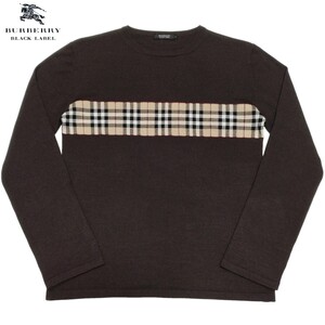 バーバリーブラックレーベル■前ノバチェック使い ネーム黒タグ 3(L) ブラウン Uネック ハイゲージニットセーター BURBERRY BLACK LABEL