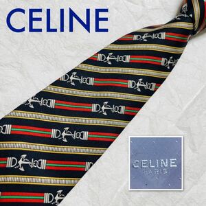 ■美品■CELINE セリーヌ　ネクタイ　レジメンタルストライプ　ベルト　金具　シルク100% スペイン製　ブラック