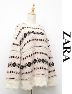 Q321/ZARA セーター JACQUARD KNIT SWEATER WITH SIDE VENTS ニット ドロップショルダー 厚手 長袖 総柄 アルパカ混 S 実寸L相当 ピンク 白