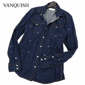 VANQUISH ヴァンキッシュ 通年 長袖 星柄 スター プリント 真紺★ ウエスタン デニム シャツ Sz.L　メンズ 日本製　C3T11288_C#C