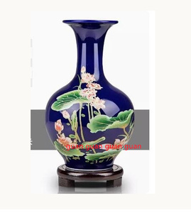 景徳鎮製　磁器　花瓶 蓮の花　蓮の葉　蓮　観音瓶　烏金釉　置物　装飾　古美術　インテリア　台座付き　生花 Z1441