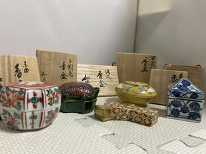 茶道具まとめ 徳泉造 染付辻堂香合/赤沢露石 黄交趾 香盆/九谷造 赤絵 香合/和禾造 亀 香盆/結文香盆　香合　金彩色絵