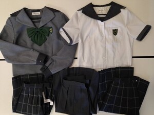 岡山県[私立山陽女子高校]女子制服　冬服セーラー服160A・冬服スカート(W60.L54)・指定緑色リボン　最新モデル　6点セット　山陽学園高校