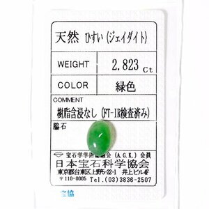 Y-17 ルース ヒスイ 2.823ct 日本宝石科学協会ソーティング付き