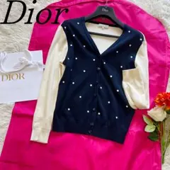 【良品】Christian Dior ドット柄カーディガン ネイビー ホワイトM